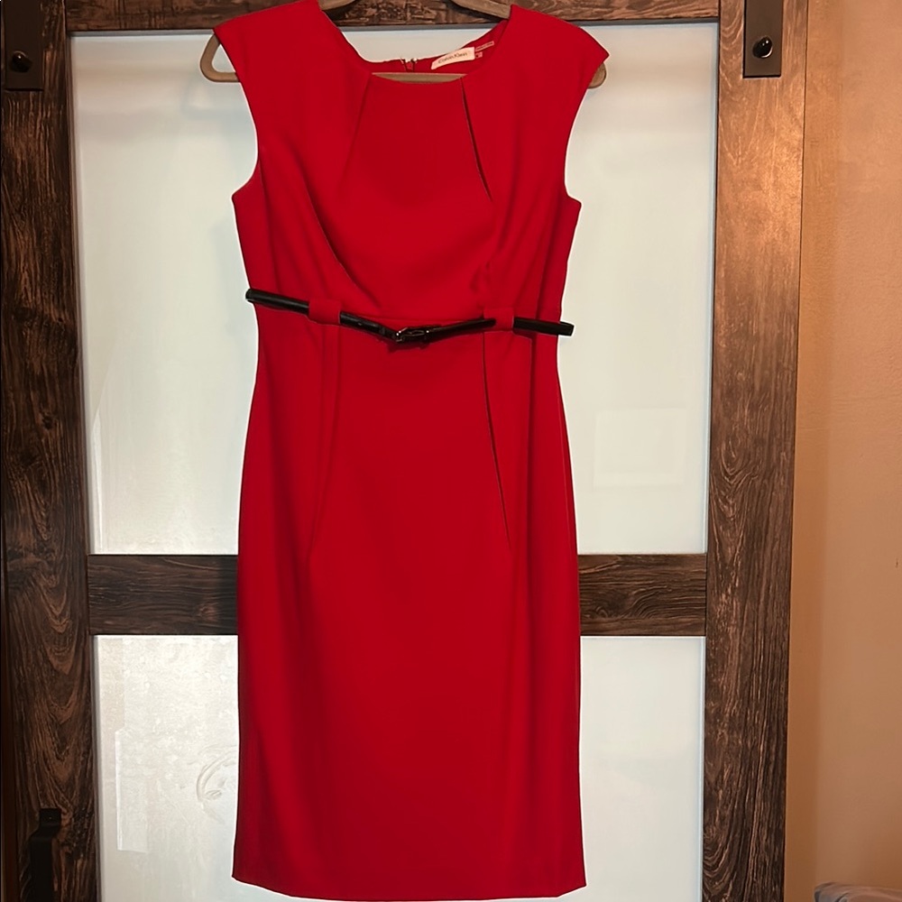 Calvin Klein Red Sheath Midi Dress Scoop Neck
